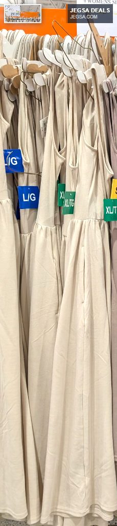 Assorted 32 Degrees sleeveless dresses in beige, mauve, and black from Costco, priced at $19.99, offering comfortable casual wear.