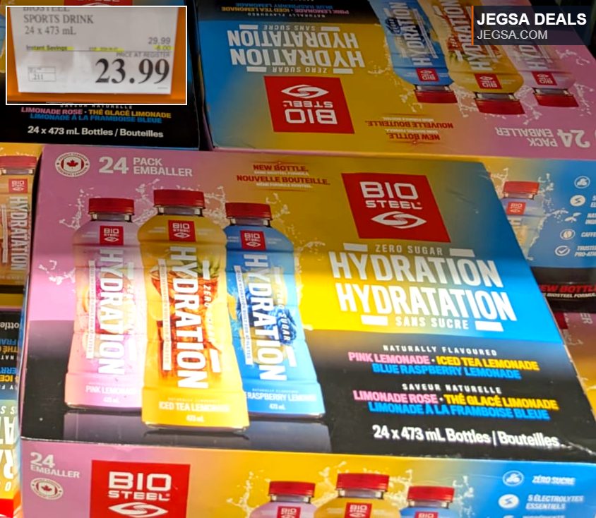 BioSteel Zero Sugar Hydration Sports Drink 24-pack in Pink, Iced Tea, and Blue Raspberry Lemonade from Costco.