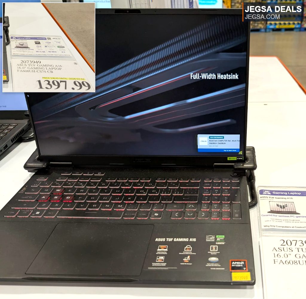 Black ASUS TUF Gaming A16 16-inch laptop with red backlit keyboard and Full-Width Heatsink from Costco, $1397.99.