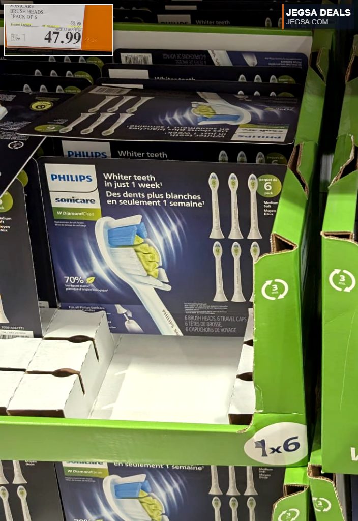 Philips Sonicare W DiamondClean electric toothbrush heads, 6-pack, in white and blue, for whiter teeth from Costco for $47.99.