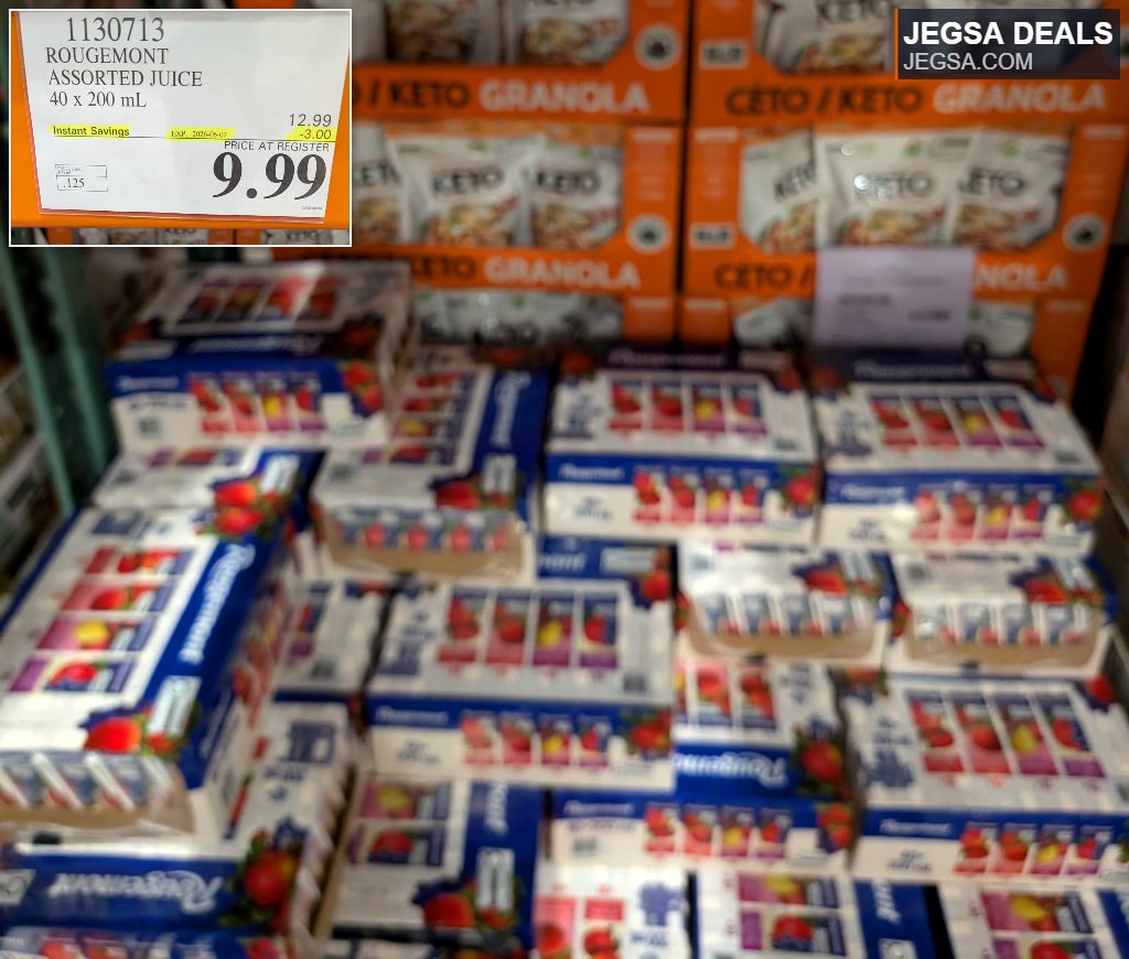 Rougemont Assorted Juice boxes (40 x 200 mL) on sale for $9.99 at Costco, offering a variety of fruit flavors.