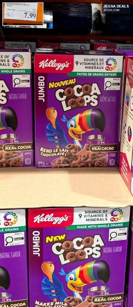 Jumbo box of Kellogg's Cocoa Loops cereal, 879g, from Costco, makes milk chocolately, $7.99.