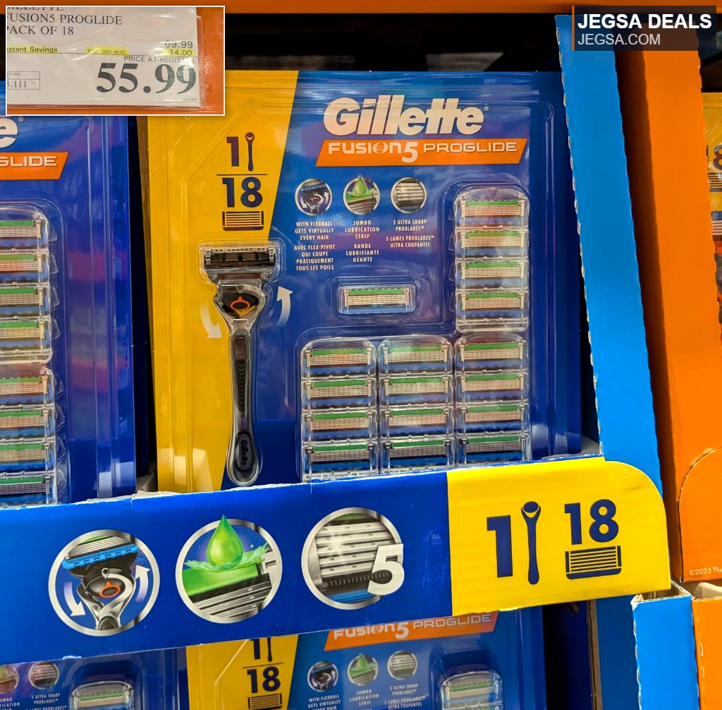 Gillette Fusion5 ProGlide razor with 17 blade refills in blue and yellow packaging from Costco, priced at $55.99.