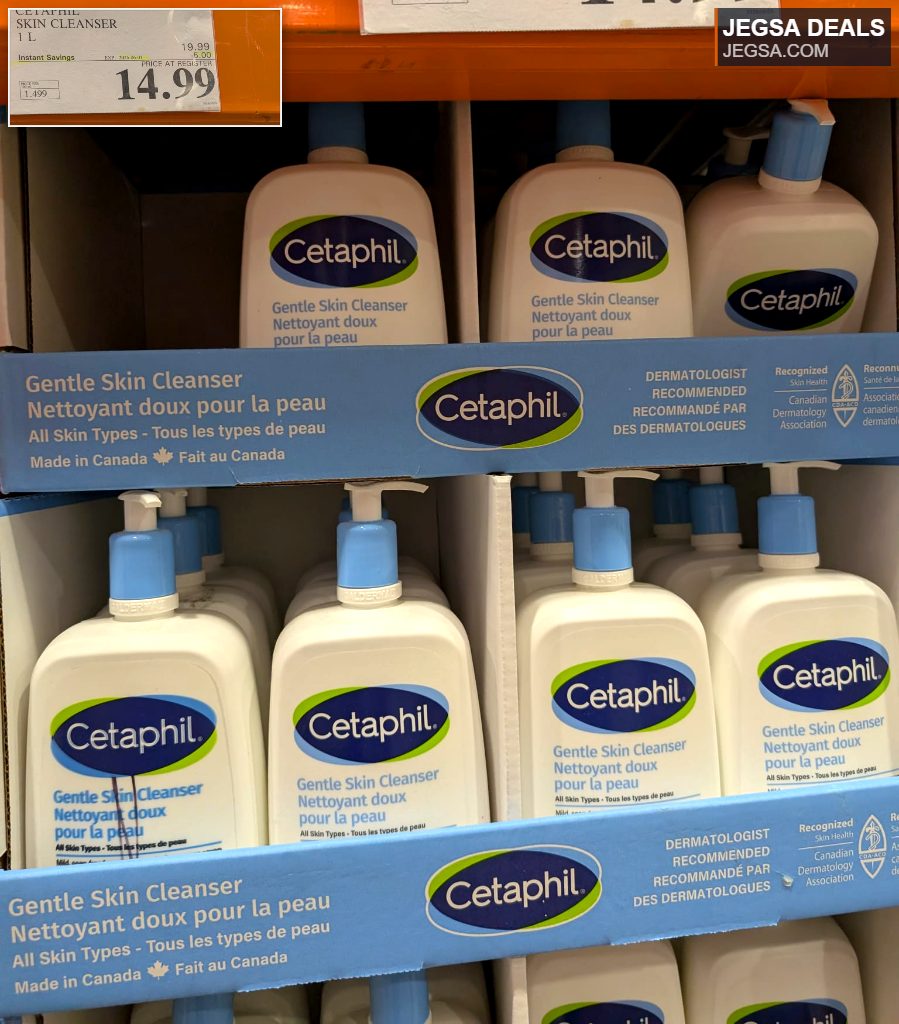 White Cetaphil Gentle Skin Cleanser 1L bottle for all skin types, with a blue pump, displayed in bulk at Costco for $14.99.