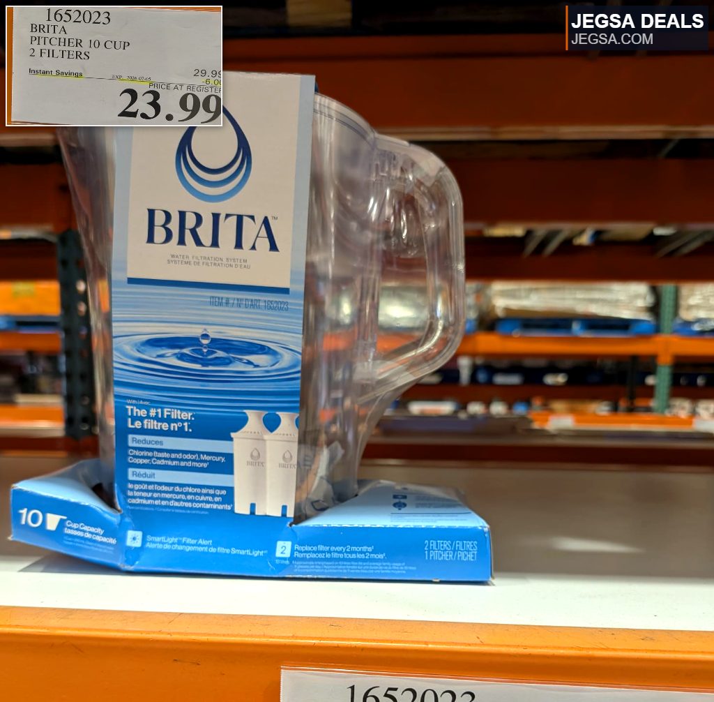 Brita 10-cup clear plastic water filtration pitcher with 2 filters, offering cleaner water from Costco.