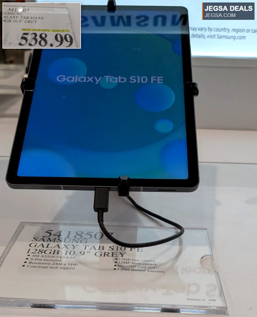 Samsung Galaxy Tab S10 FE 10.9 inch grey tablet with 128GB storage, $538.99 from Costco, for productivity & entertainment.