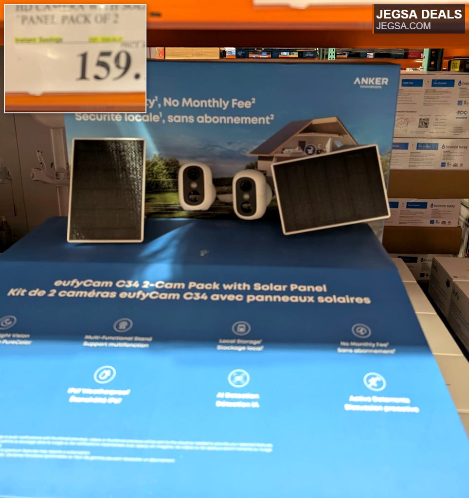 eufyCam C34 2-Cam Pack with Solar Panel, a white wireless security camera system with black solar panels, priced at $159.99 from Costco.