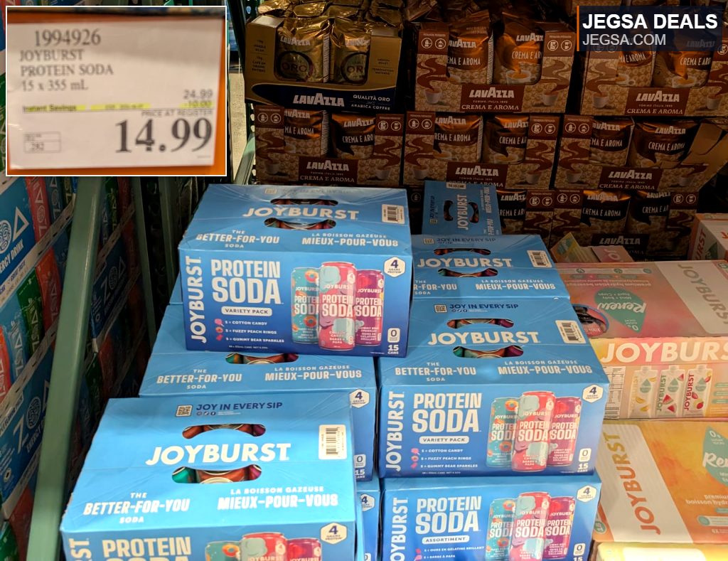 Joyburst Protein Soda variety pack, 15x355ml cans from Costco, $14.99, a healthy and flavorful carbonated drink.