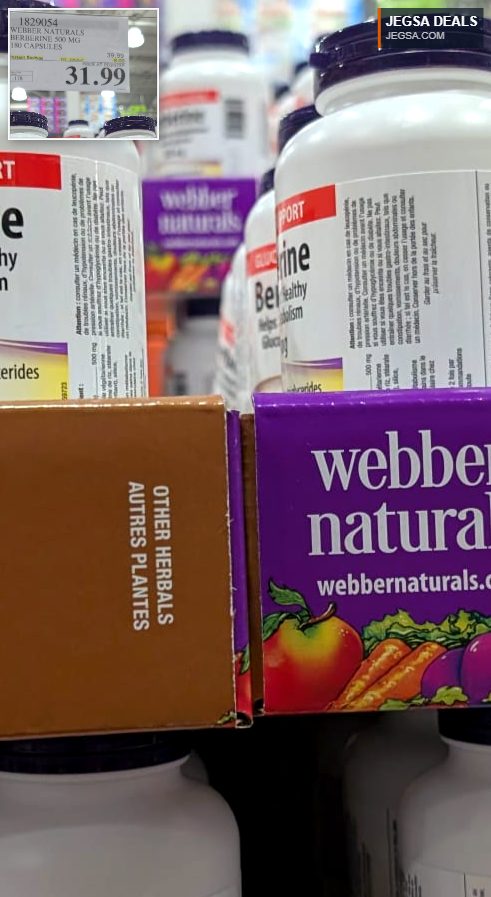 Webber Naturals Berberine 500mg, 180 capsules, a dietary supplement for glucose and cholesterol support, from Costco, $31.99.