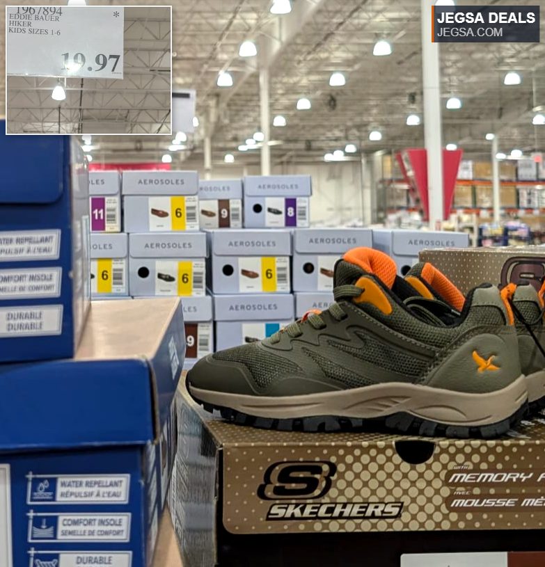 Kids' olive green Eddie Bauer hiker shoes, water repellent and durable, ideal for outdoor play, available at Costco for $19.97.