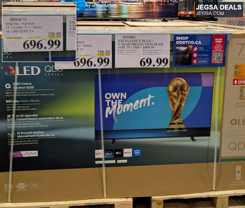 Hisense 75-inch 4K UHD QLED Smart TV from Costco with QLED Color and AI Upscaler features.
