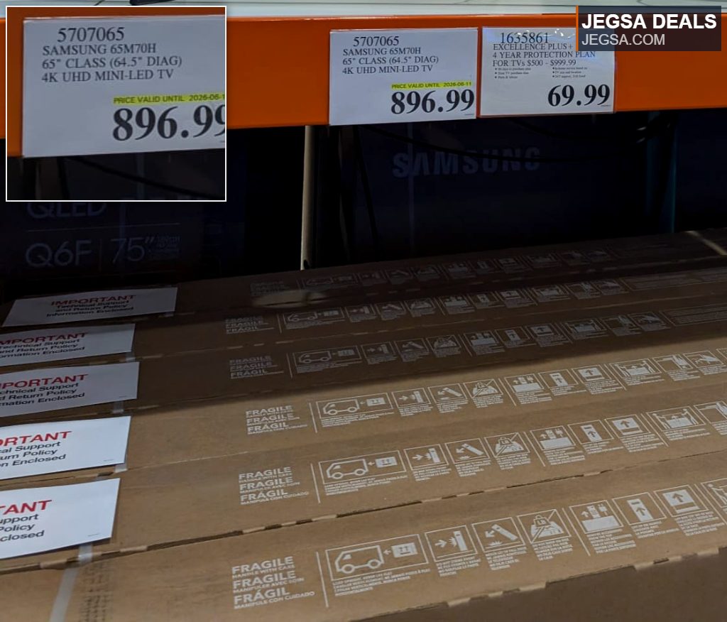 Samsung 65-inch 4K UHD Mini-LED TV model 65M70H in brown cardboard boxes at Costco, priced at $896.99.