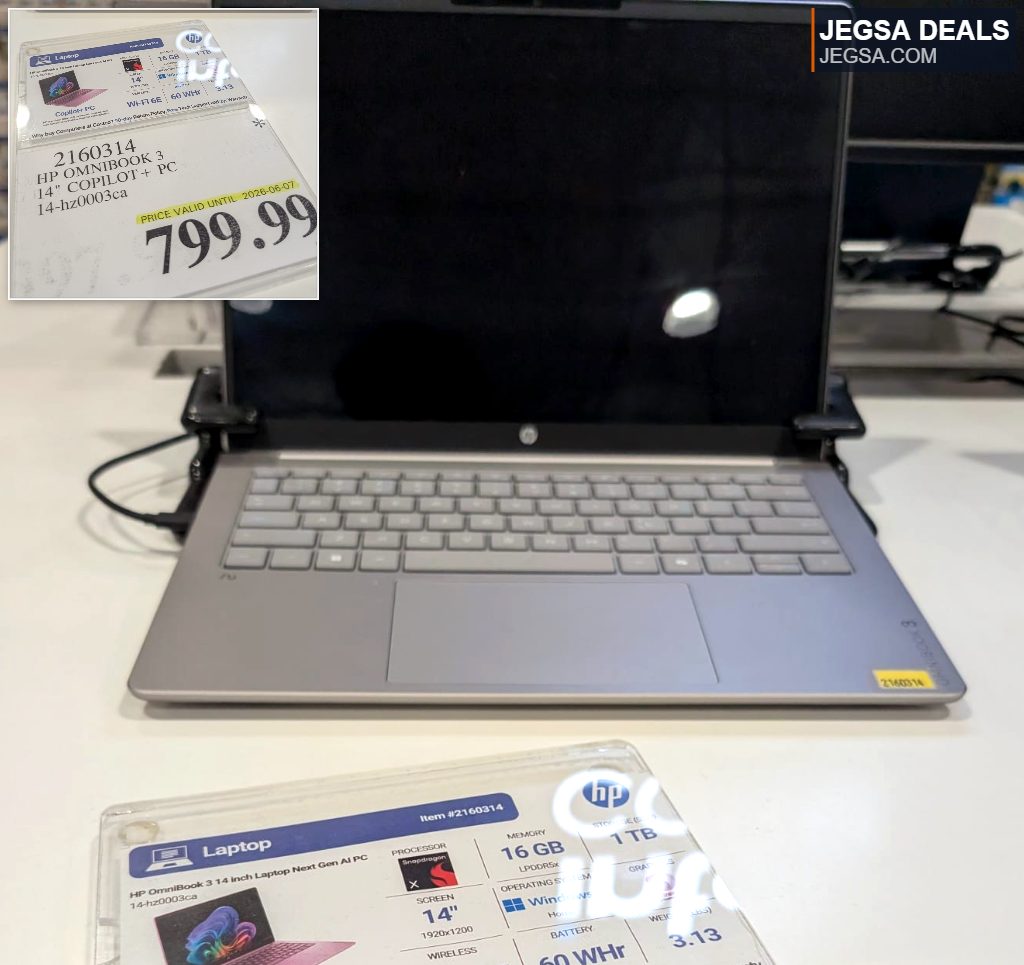 Silver HP OmniBook 3 14-inch Copilot+ PC from Costco, $799.99, featuring a sleek design and AI capabilities.