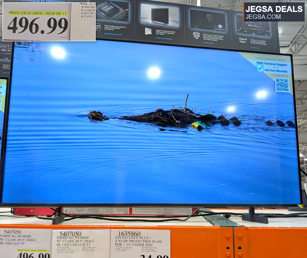 Samsung Crystal UHD U8000F 50" Class 4K LED TV, offering a crystal-clear picture, available at Costco for $496.99.