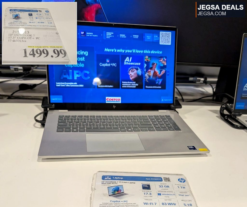 Silver HP OmniBook 7 17.3" Copilot+ PC laptop from Costco with Intel Core Ultra 7, 32GB RAM, and 1TB SSD for $1499.99.