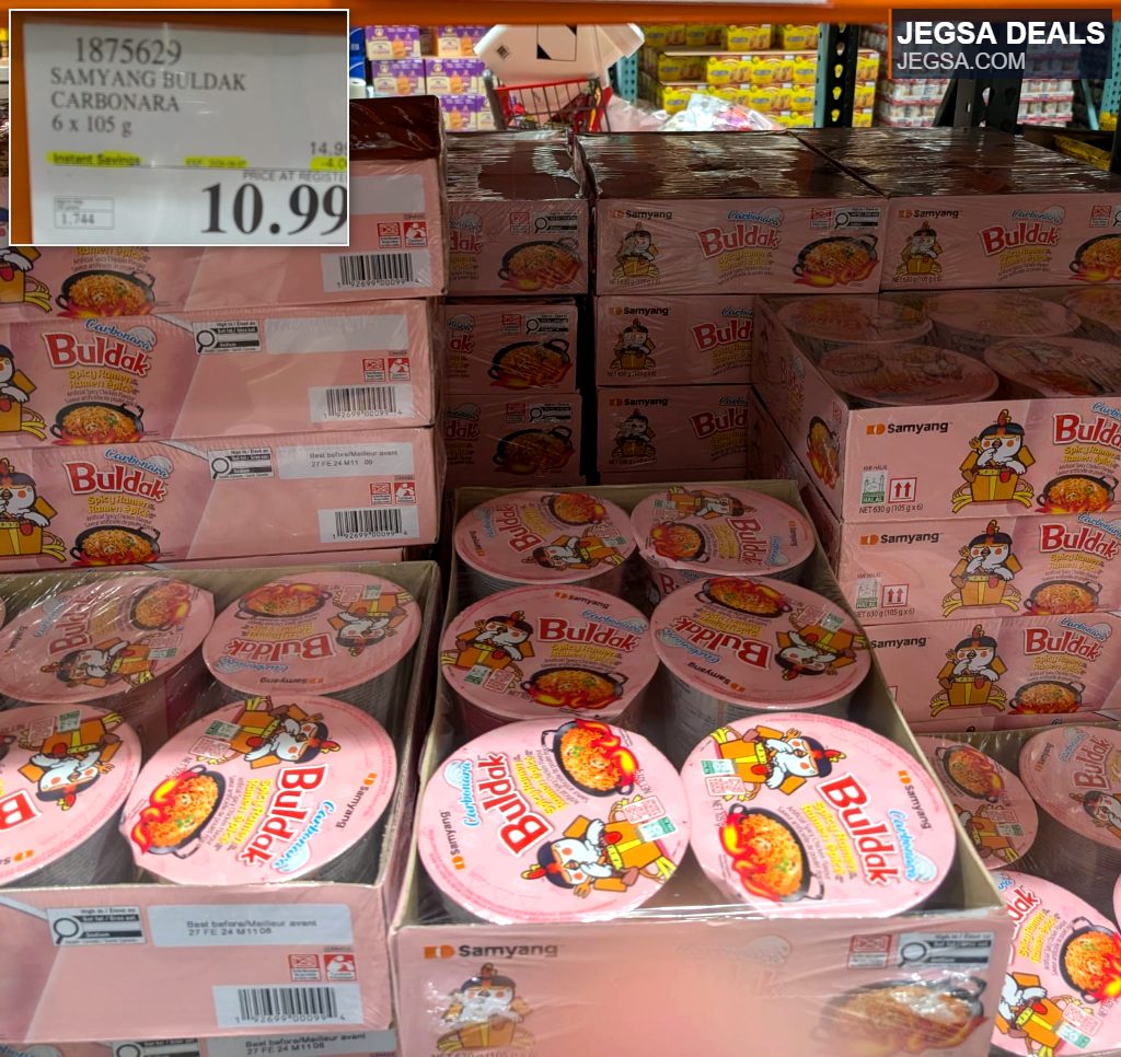 Samyang Buldak Carbonara Spicy Ramen Noodles in pink packaging, 6-pack, from Costco for $10.99.
