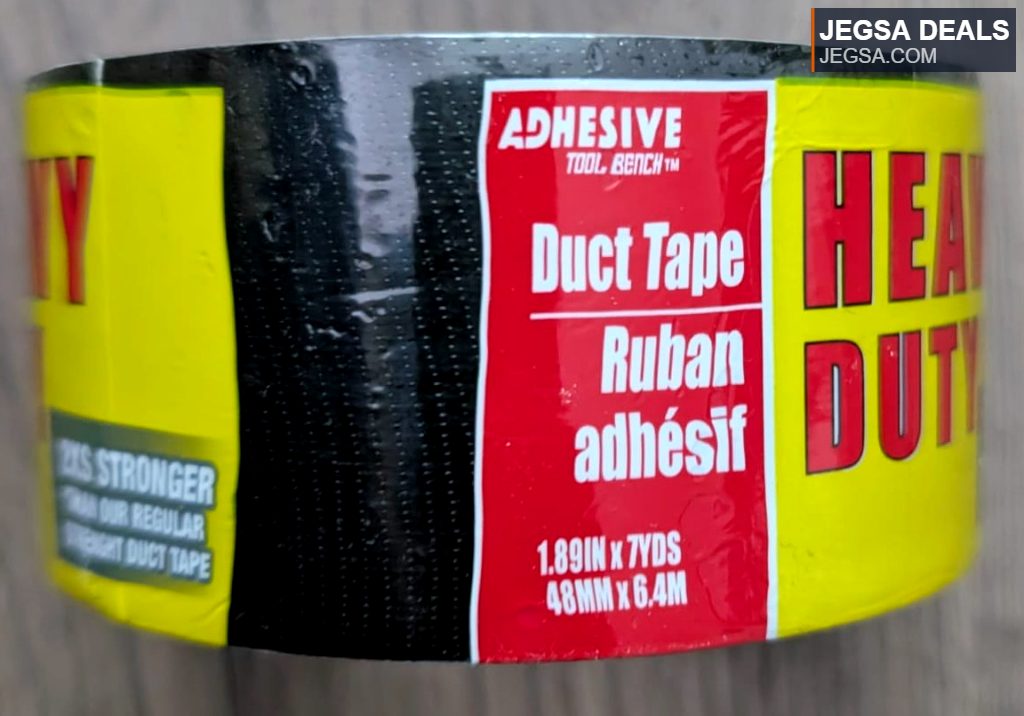 Black heavy-duty duct tape from Dollarama, 1.89 inches by 7 yards, for strong repairs and projects.