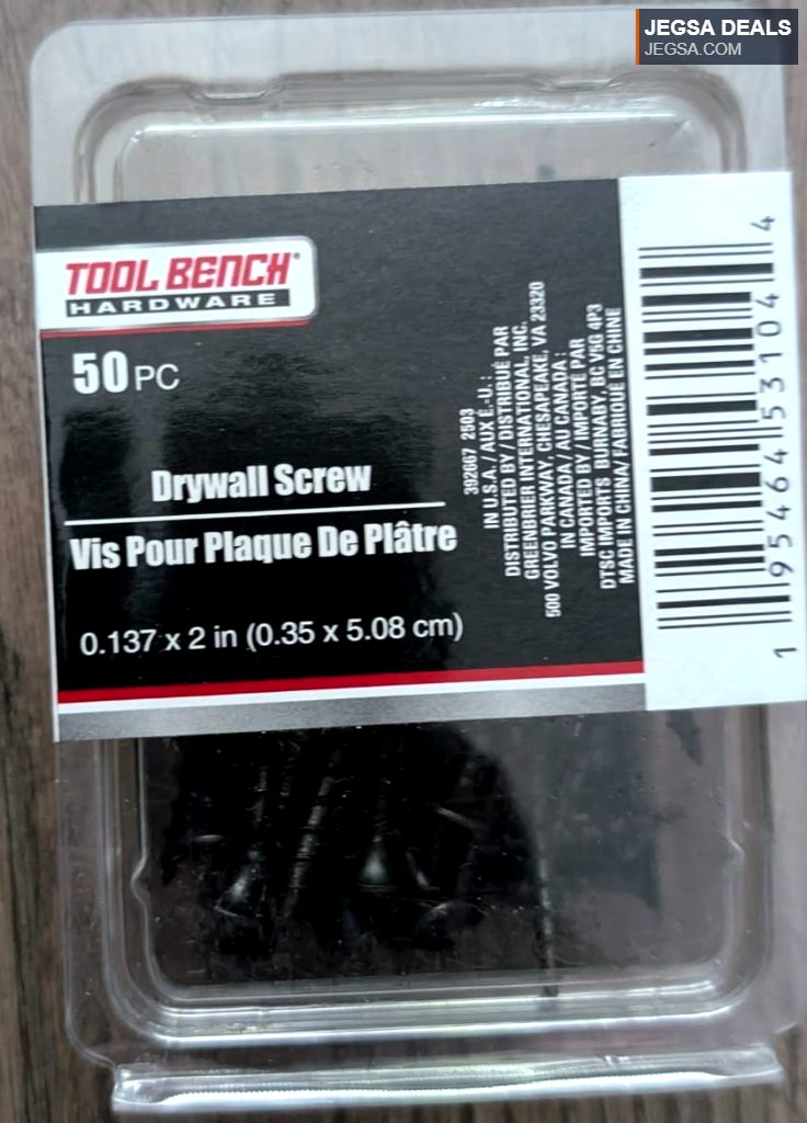 50-piece pack of black drywall screws from Tool Bench Hardware, Dollar Tree, 0.137 x 2 inch size for home projects.