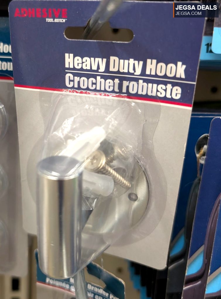 Silver heavy-duty metal hook with mounting hardware from Dollarama, perfect for organizing and hanging.