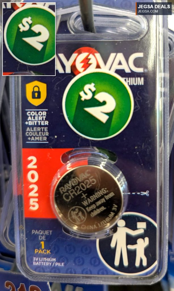 Rayovac CR2025 3V lithium coin cell battery single pack with child-resistant coating, priced at $2 from Dollarama.