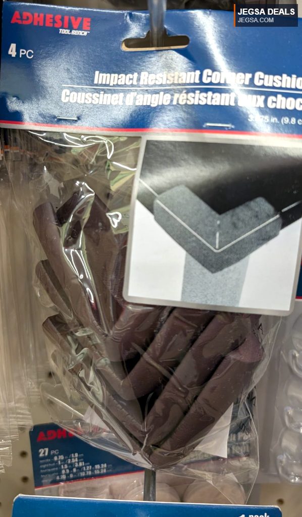 4-piece brown foam impact-resistant corner cushions from Dollarama for child safety and home protection.