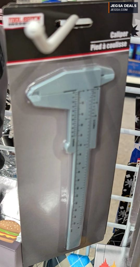 Plastic caliper for precise measurements, sold under the Tool Bench brand at Dollarama.