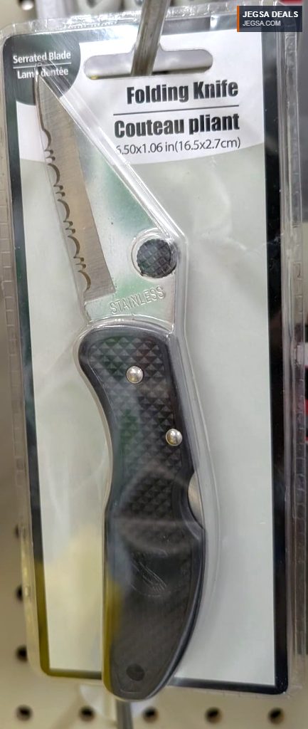 Stainless steel serrated folding knife with black textured handle for utility tasks, ideal for everyday use.