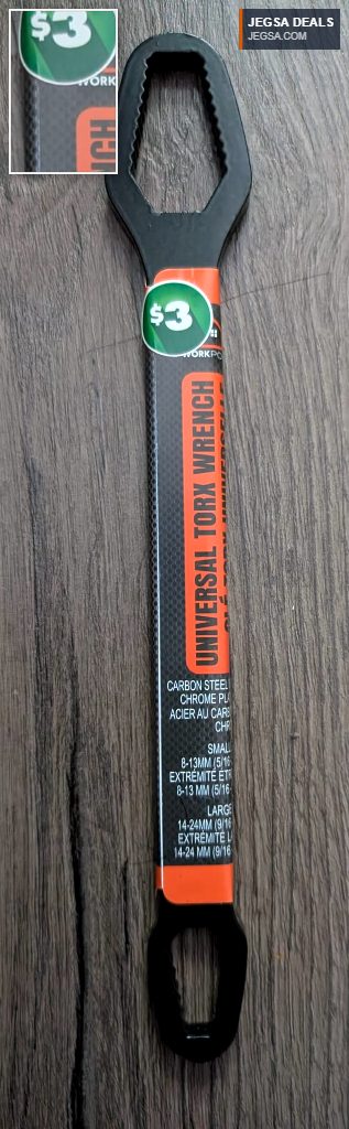 Black carbon steel universal torx wrench with chrome finish from Dollarama, $3, suitable for small and large fasteners.