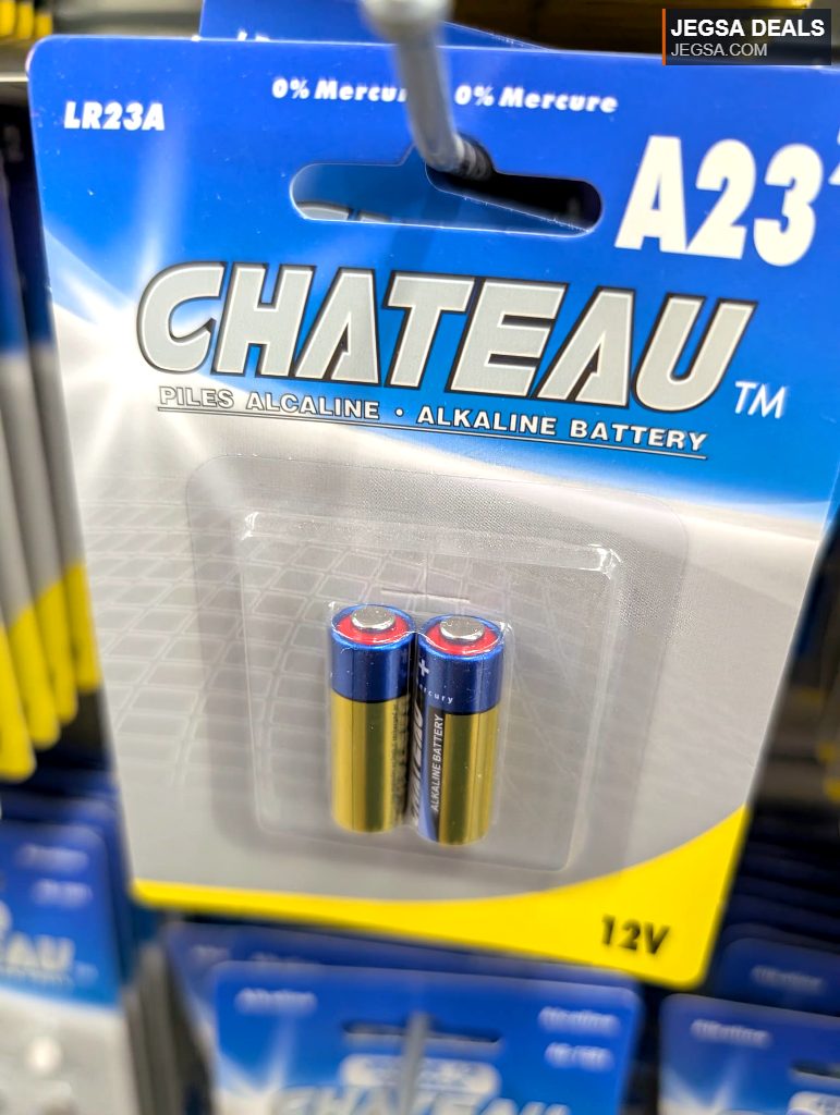 Chateau A23 12V alkaline battery 2-pack with 0% mercury, in a blue and yellow package, for remote controls and small electronics.