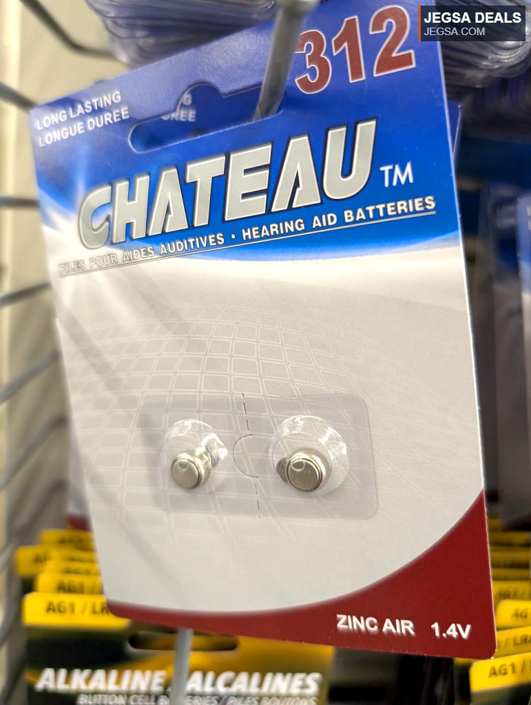 Chateau 312 Zinc Air 1.4V long-lasting hearing aid batteries, 2-pack, from Dollarama, $1.50.