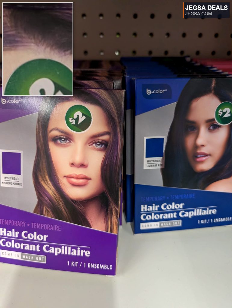 b.color Temporary Hair Color in Mystic Violet, a comb-in wash-out solution for vibrant hair, available at Dollarama for $2.