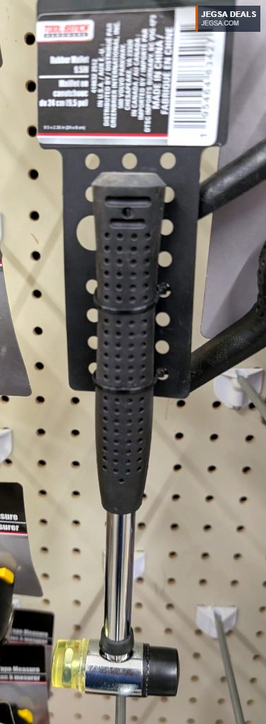 Black and chrome rubber mallet with yellow and black heads for gentle striking, found at Dollar Tree.