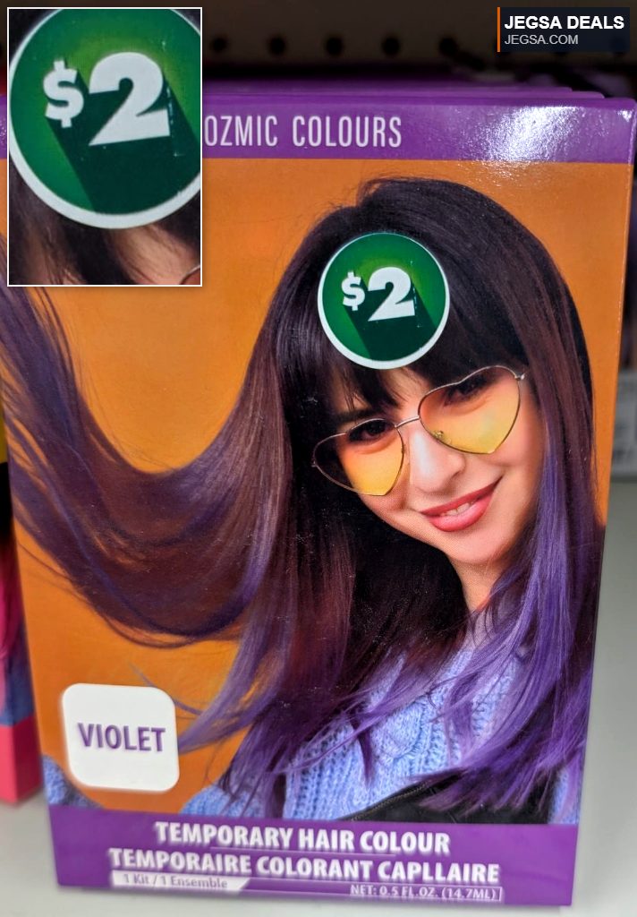 Kozmic Colours temporary violet hair color kit for vibrant hair transformation, priced at $2, available at dollar stores.
