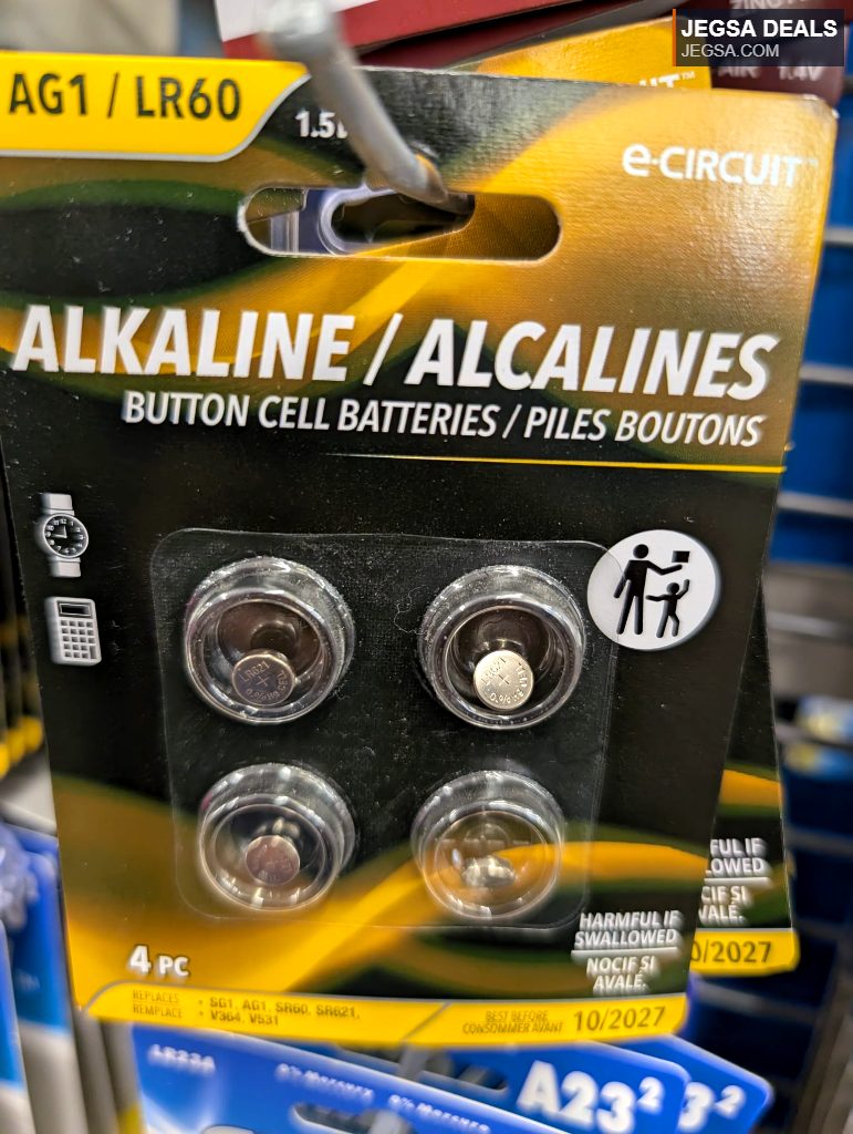 e-CIRCUIT 4-pack of alkaline AG1/LR60 button cell batteries for small electronics, from Dollarama.