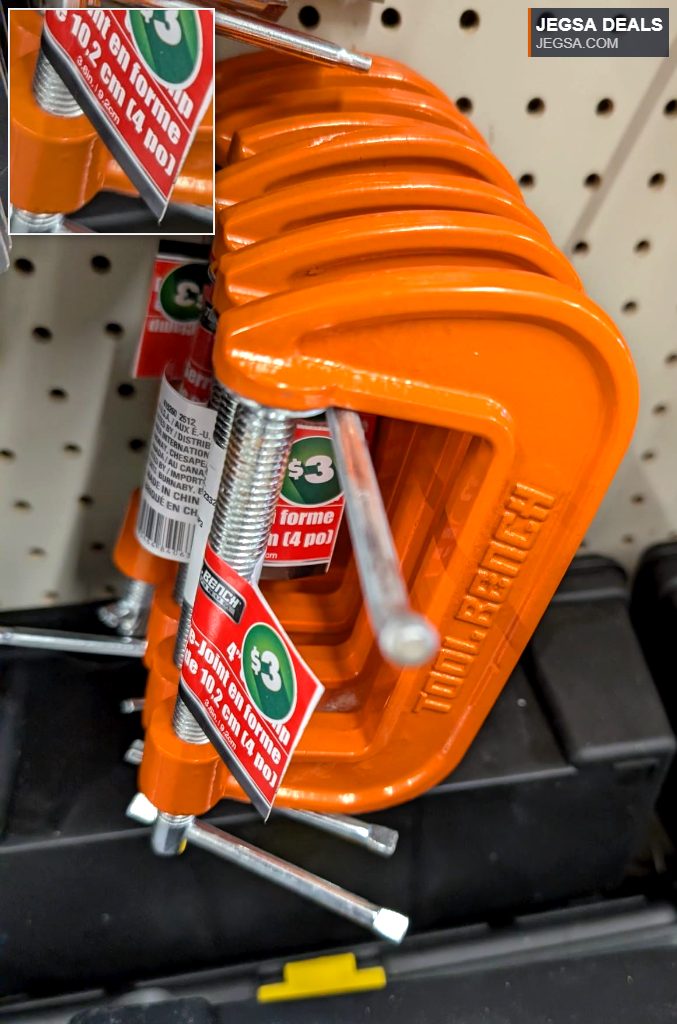 Bright orange 4-inch C-clamp from Dollarama, priced at $3, used for woodworking and general clamping tasks.