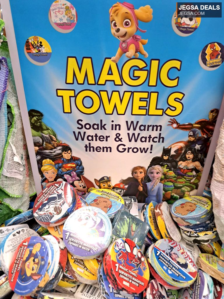 Assorted character Magic Towels, soak in water to expand. Features Paw Patrol, Disney, Marvel, and DC characters. Novelty item.