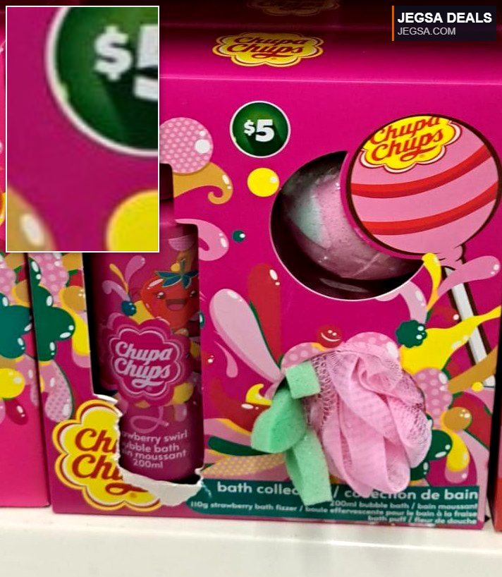 Chupa Chups strawberry swirl bubble bath collection with bath fizzer and puff in a bright pink box from Dollarama, $5.