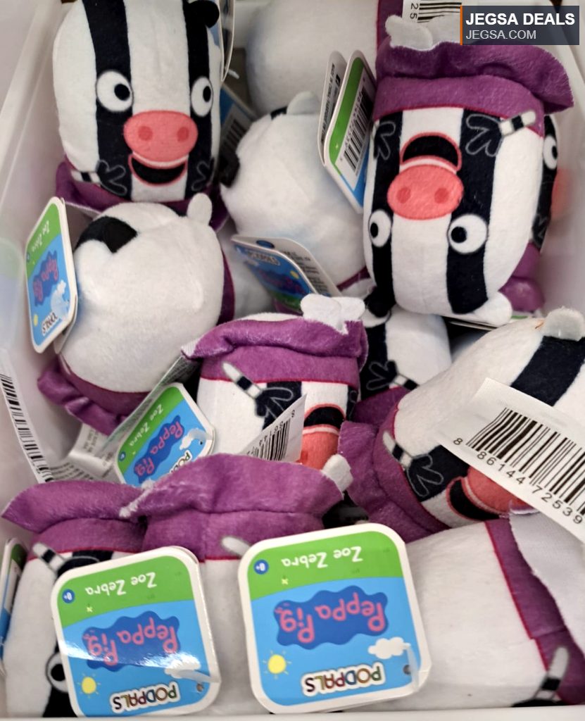 Soft Zoe Zebra Peppa Pig Podpals plush toy with black and white stripes and purple cap from Dollarama, $4.