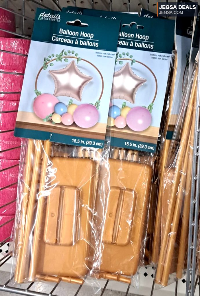Balloon hoop kit for party decorations, featuring a star balloon and pastel balloons. From Dollarama, $4.