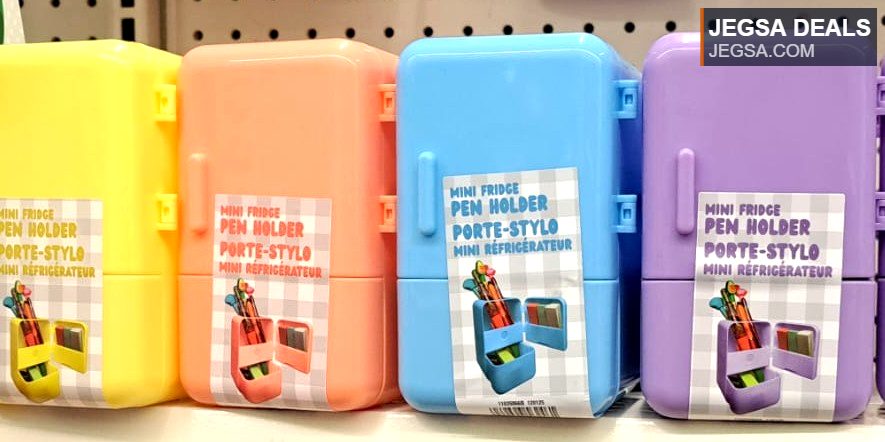 Assorted pastel mini fridge pen holders for desk organization from Dollarama, ideal for pens and small office supplies.