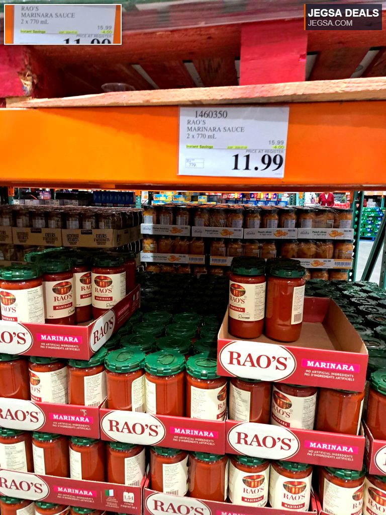 Rao's Marinara Sauce 2 x 770 mL, an authentic Italian pasta sauce sold in a pack of two at Costco for $11.99.