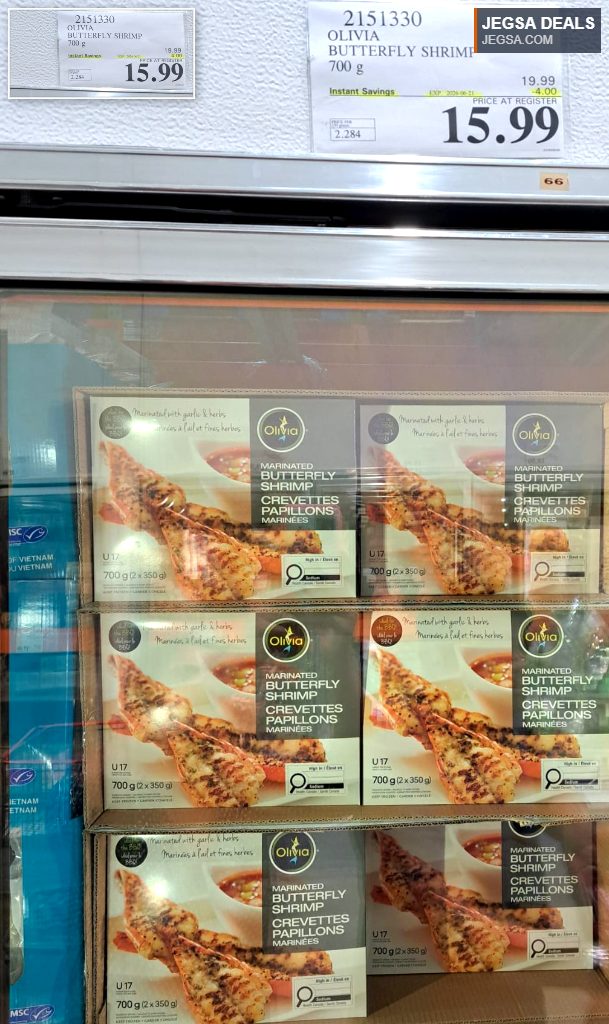 Olivia Marinated Butterfly Shrimp, 700g, from Costco, ideal for grilling or a quick seafood dish, priced at $15.99.