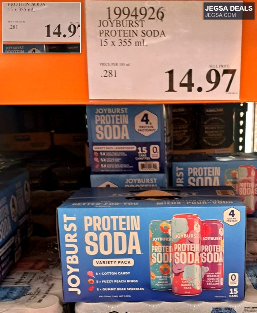 JOYBURST Protein Soda Variety Pack with 15 cans in Cotton Candy, Fuzzy Peach, and Gummy Bear flavors, available at Costco.
