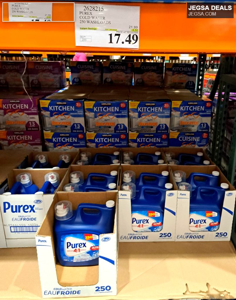 Large blue bottle of Purex Ultra 4-in-1 Coldwater laundry detergent, 250 washloads, from Costco for $17.49.