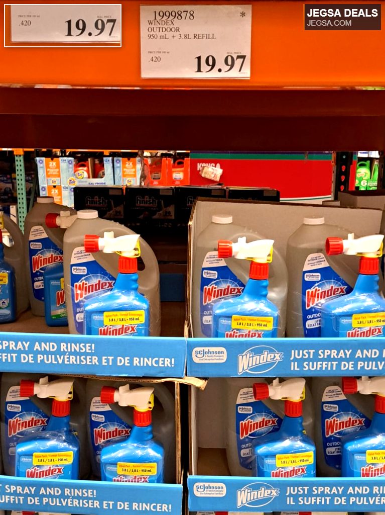 Windex Outdoor window and surface cleaner kit with a 950mL spray bottle and 3.8L refill from Costco, priced at $19.97.