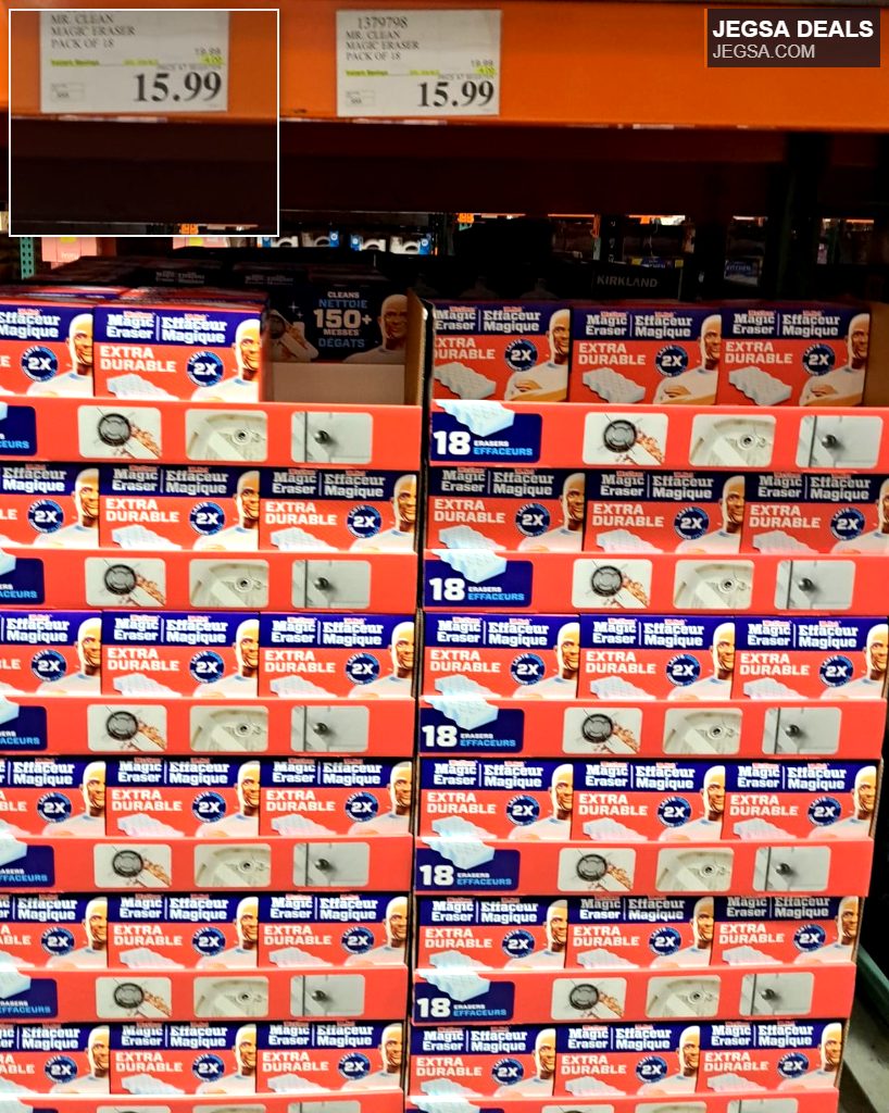Mr. Clean Magic Eraser, 18-pack, for tough stain removal in homes, available at Costco for $15.99.