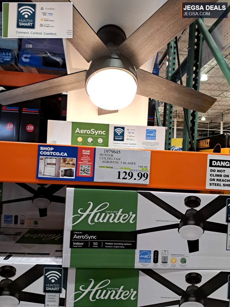 Hunter AeroSync 5-blade smart ceiling fan, 50-inch, matte black finish, Energy Star certified, available at Costco for $129.99.