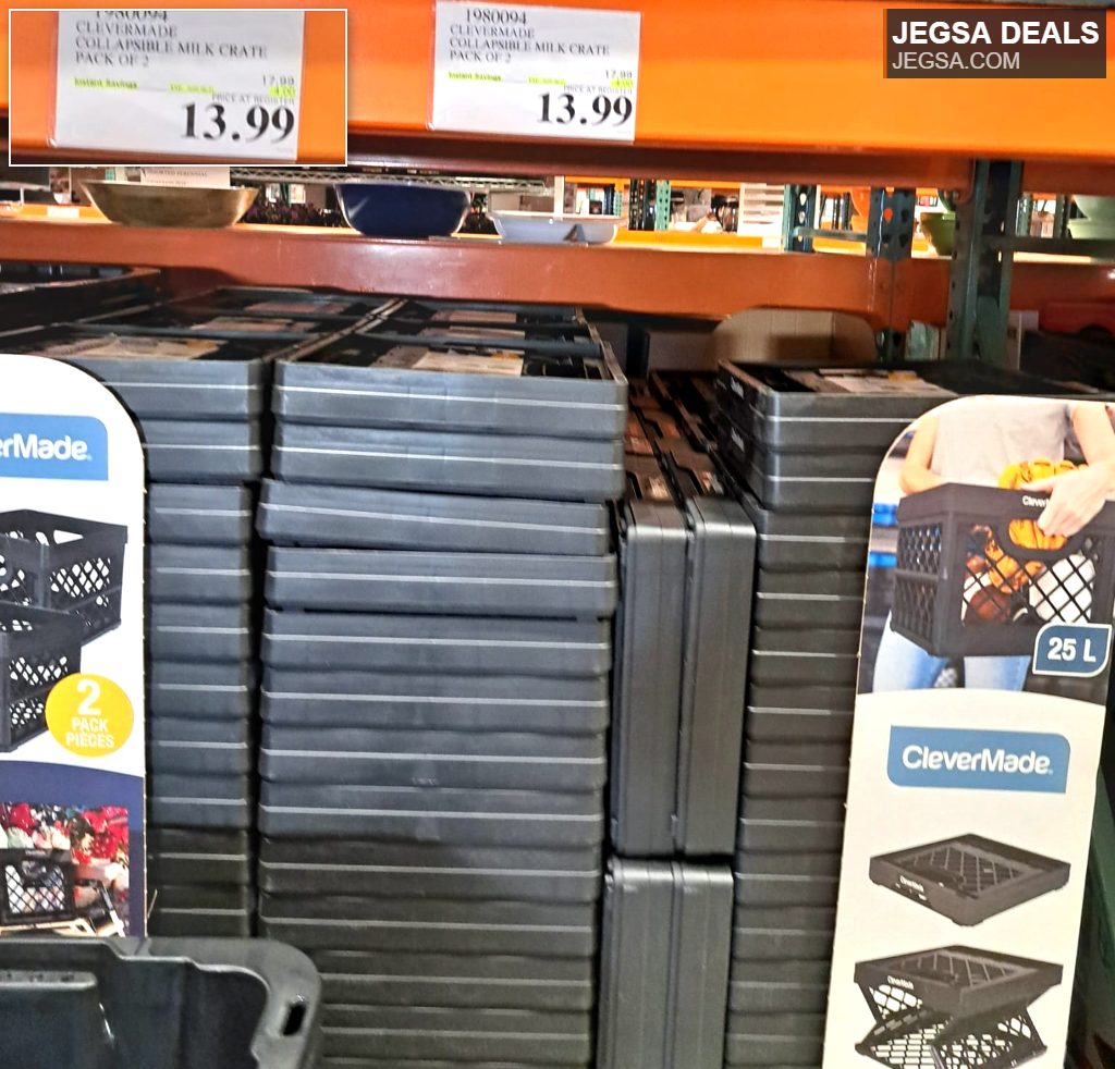 Black CleverMade collapsible milk crates, 2-pack for efficient storage, found at Costco for $13.99.