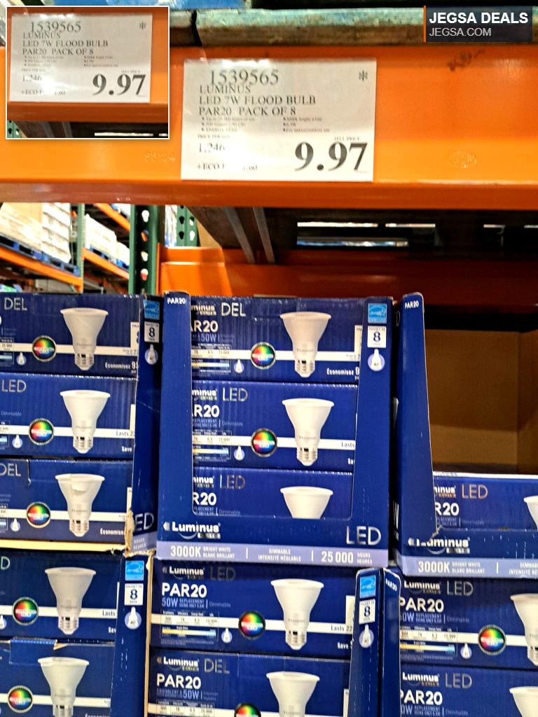 Luminus LED 7W PAR20 flood light bulbs, 8-pack, 3000K bright white, energy-efficient, available at Costco for $9.97.