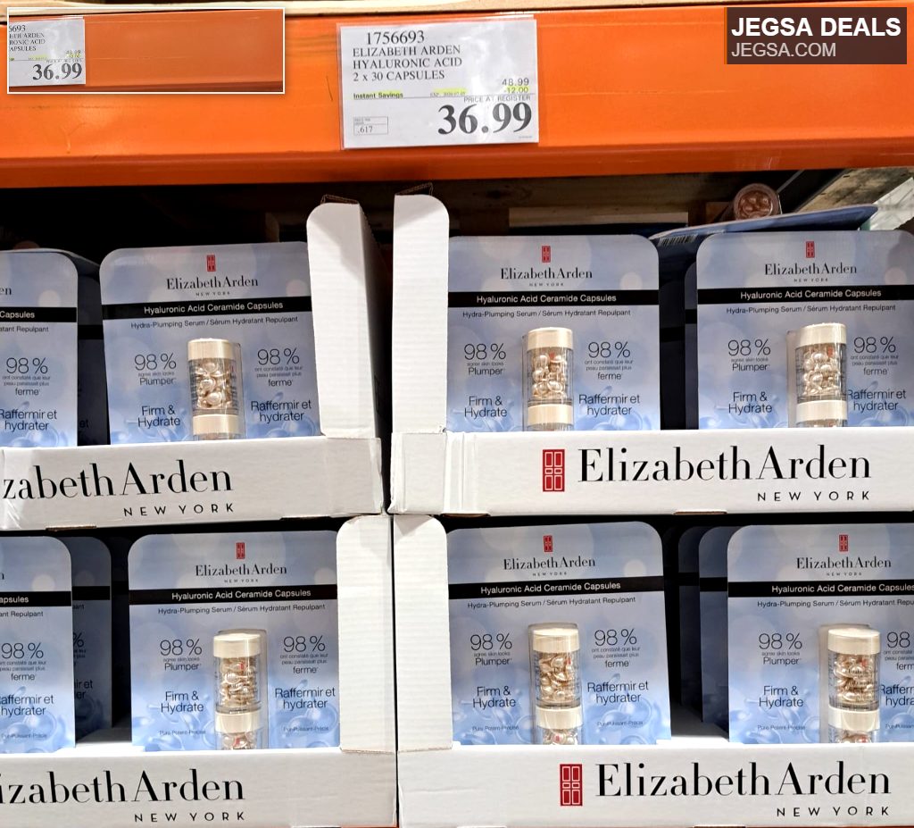 Elizabeth Arden Hyaluronic Acid Ceramide Capsules for plumping and hydrating skin, 2x30 capsules, available at Costco for $36.99.